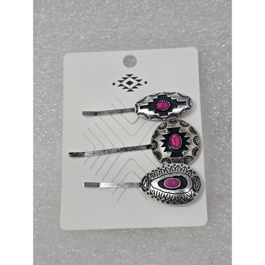 Set Of 3 Southwestern Style Silver Tone Hair Pins With Faux Pink Stones