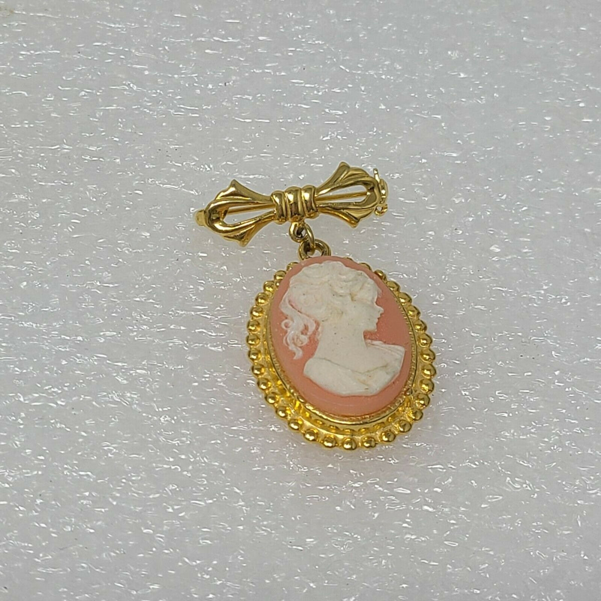 Vintage Dangling Cameo Brooch Pin W/ Bow Gold Tone
