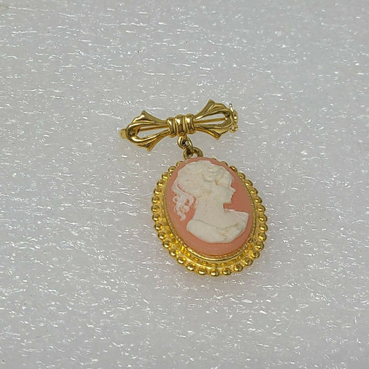Vintage Dangling Cameo Brooch Pin W/ Bow Gold Tone