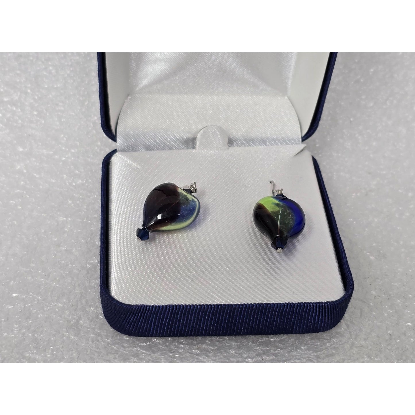 Sterling Silver Handblown Artisan Glass Earrings Blue & Green Swirl Design Gift