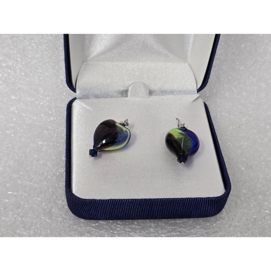 Sterling Silver Handblown Artisan Glass Earrings Blue & Green Swirl Design Gift