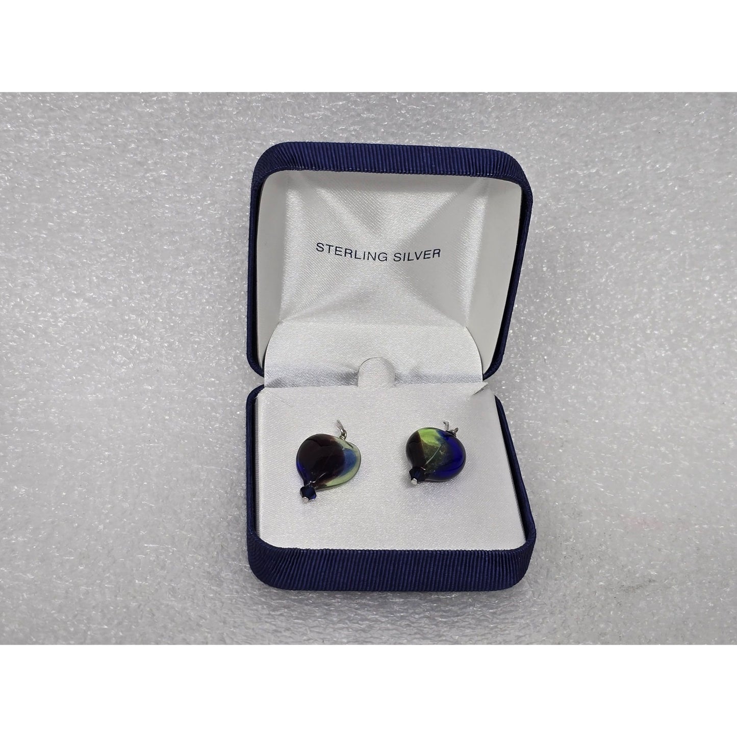 Sterling Silver Handblown Artisan Glass Earrings Blue & Green Swirl Design Gift