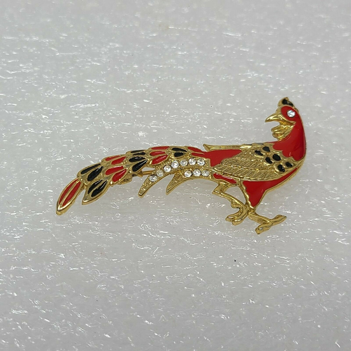 Vintage Rooster Pheasant Brooch Gold Tone Red Black Enamel Rhinestone Eye 2.25"