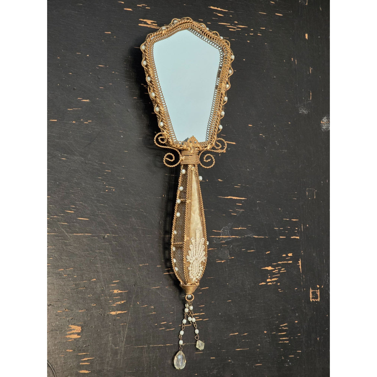 Vintage Ornate Hand Mirror Gold Tone Velvet Roses Faux Pearls Crystal Dangles
