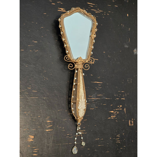Vintage Ornate Hand Mirror Gold Tone Velvet Roses Faux Pearls Crystal Dangles