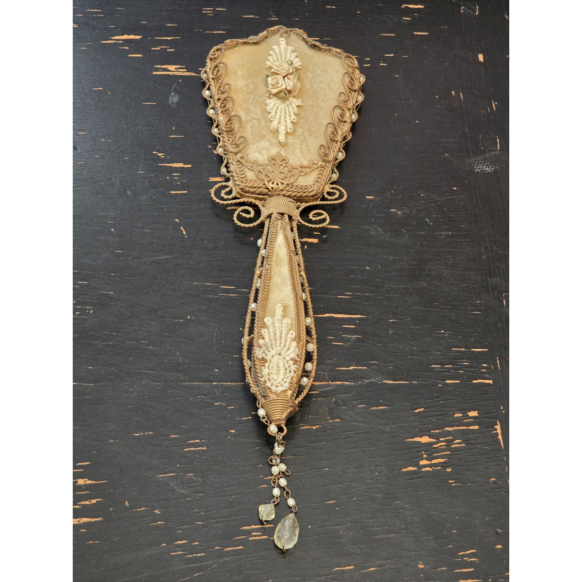 Vintage Ornate Hand Mirror Gold Tone Velvet Roses Faux Pearls Crystal Dangles