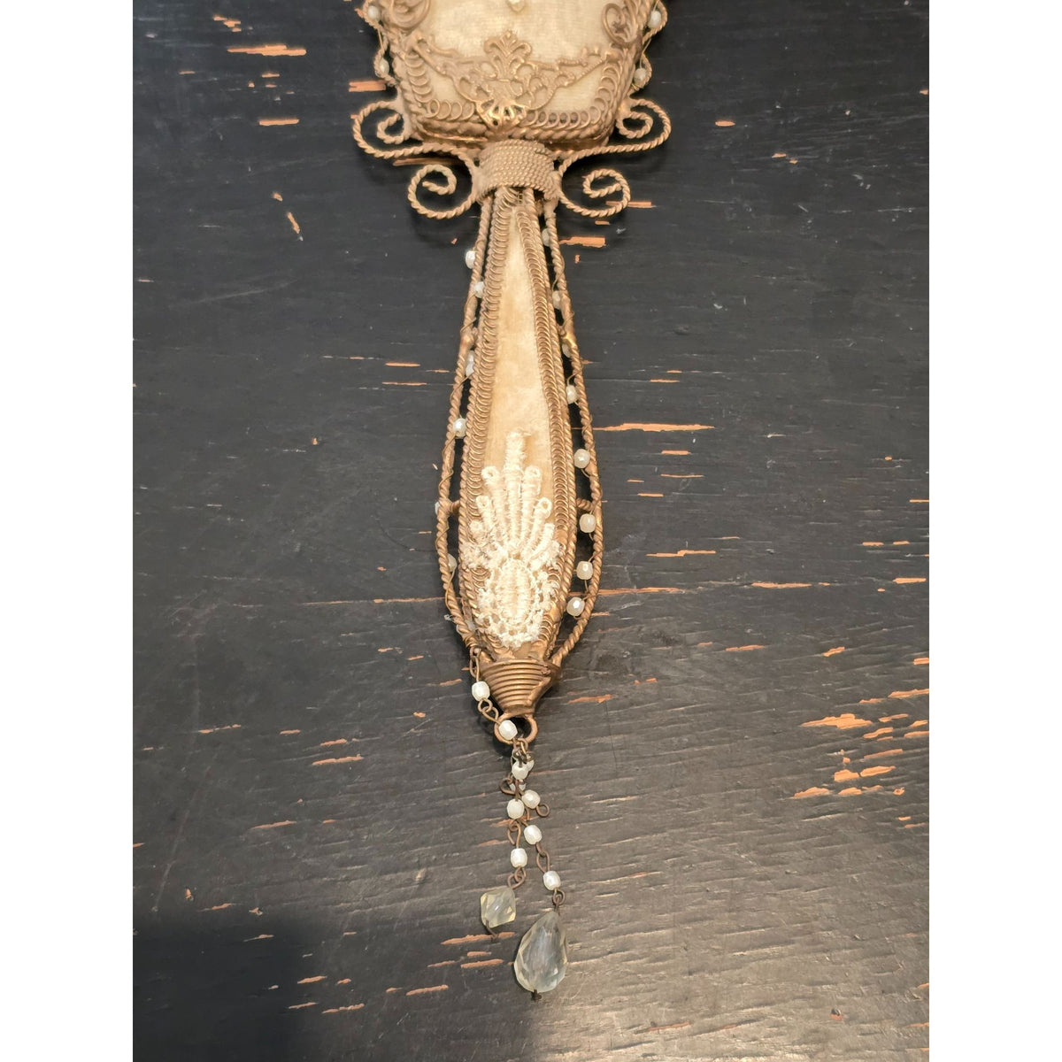 Vintage Ornate Hand Mirror Gold Tone Velvet Roses Faux Pearls Crystal Dangles