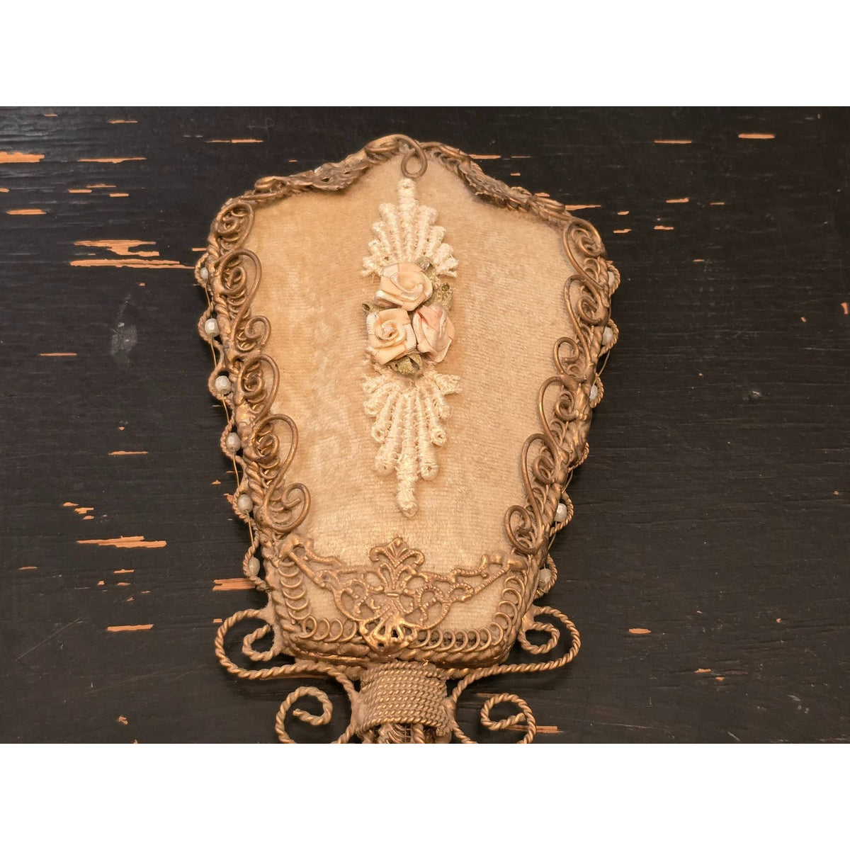 Vintage Ornate Hand Mirror Gold Tone Velvet Roses Faux Pearls Crystal Dangles