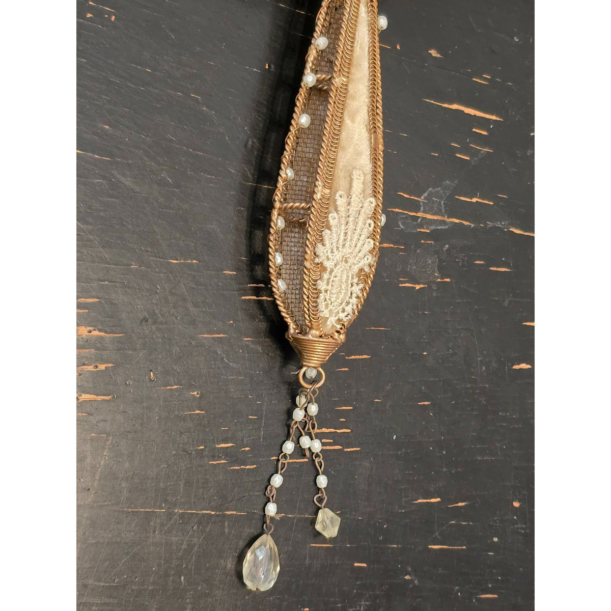 Vintage Ornate Hand Mirror Gold Tone Velvet Roses Faux Pearls Crystal Dangles