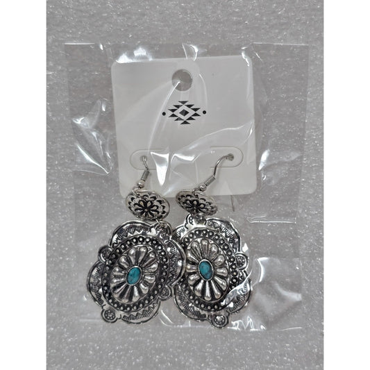 Western Style Silver Tone & Faux Turquoise Drop Dangle Earrings