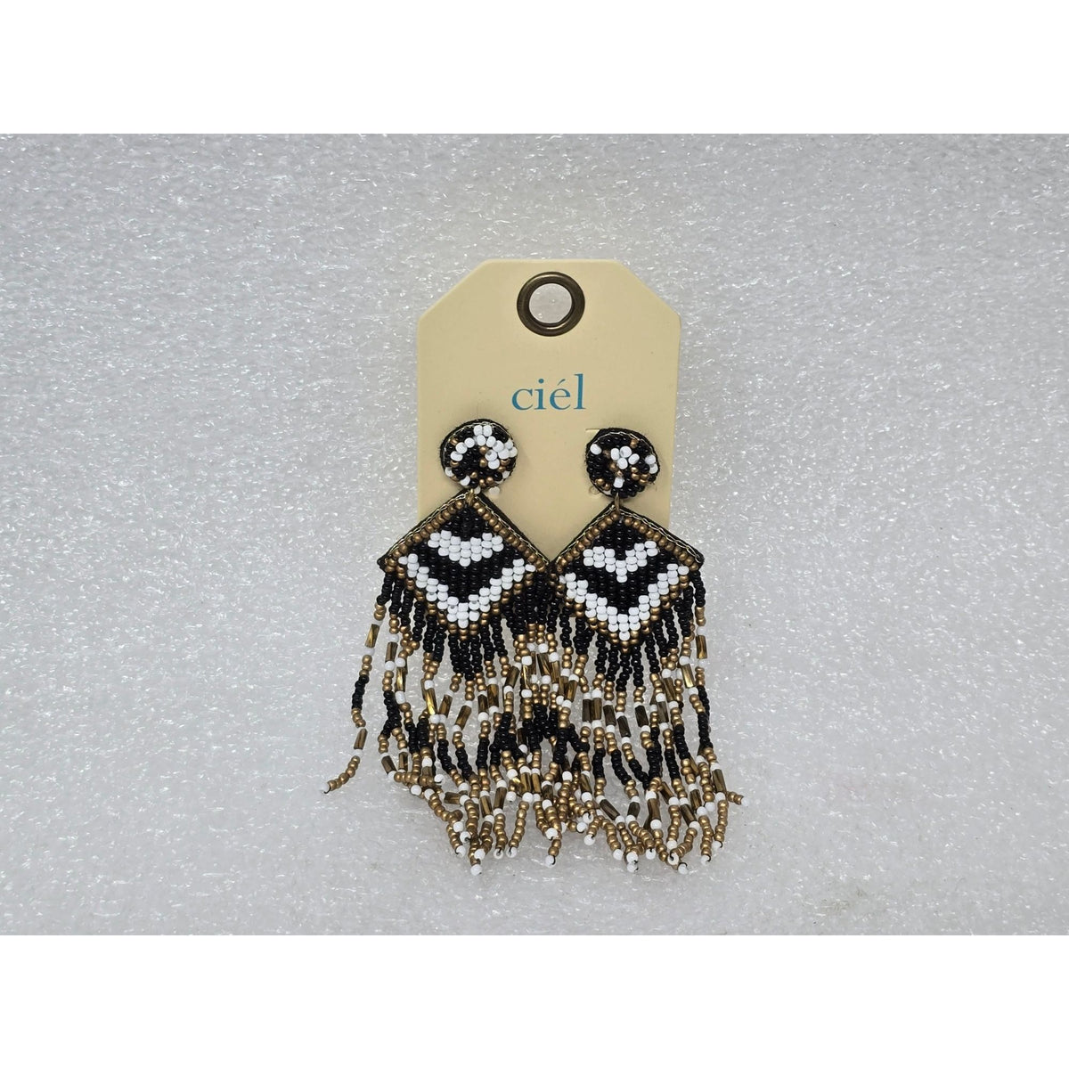 Ciel Handmade Black & White Beaded Fringe Earrings With Gold Accents Statement