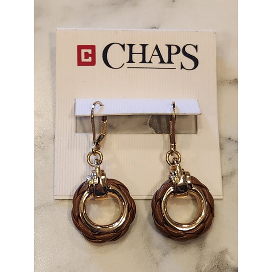 Chaps Gold-Tone & Brown Braided Hoop Leverback Earrings For Women