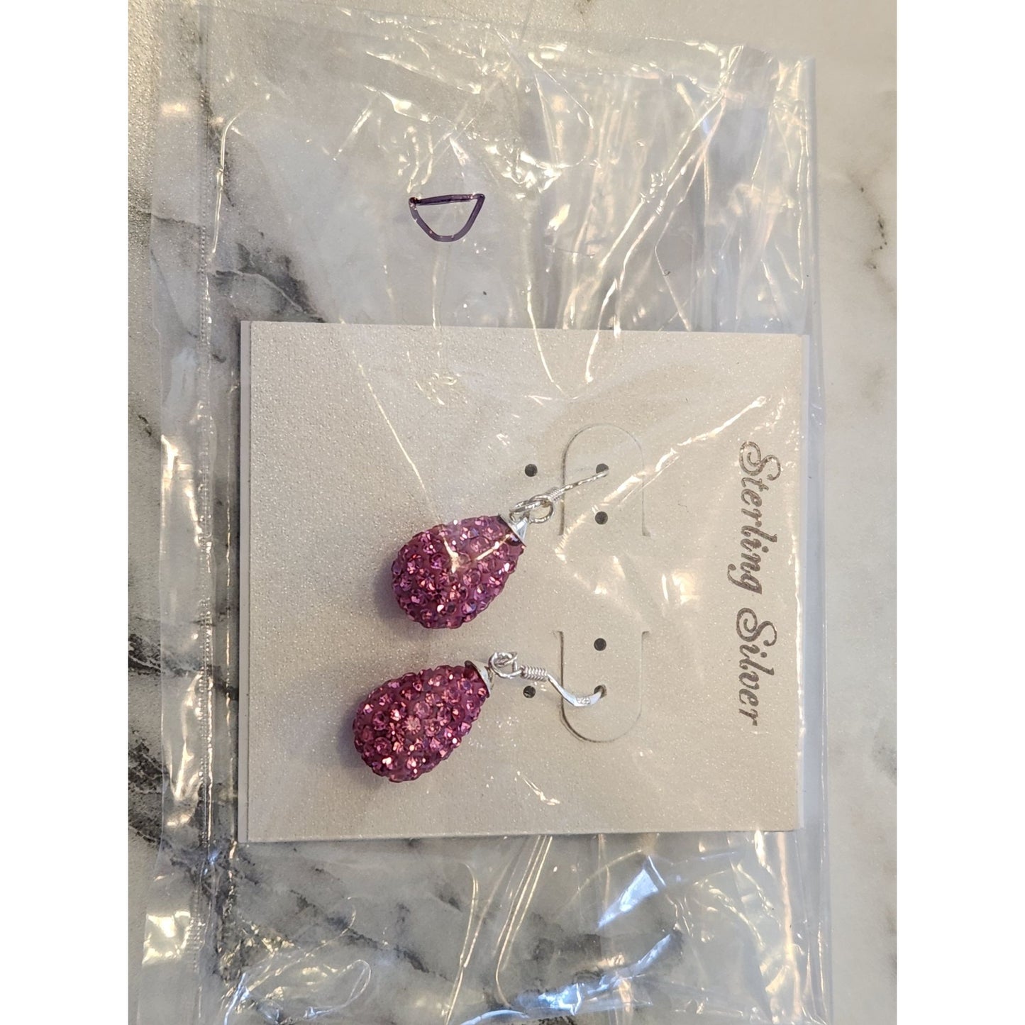 Pink Crystal Teardrop Dangle Earrings Sterling Silver Hooks