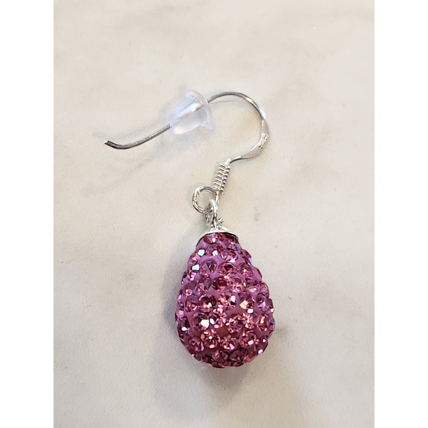 Pink Crystal Teardrop Dangle Earrings Sterling Silver Hooks