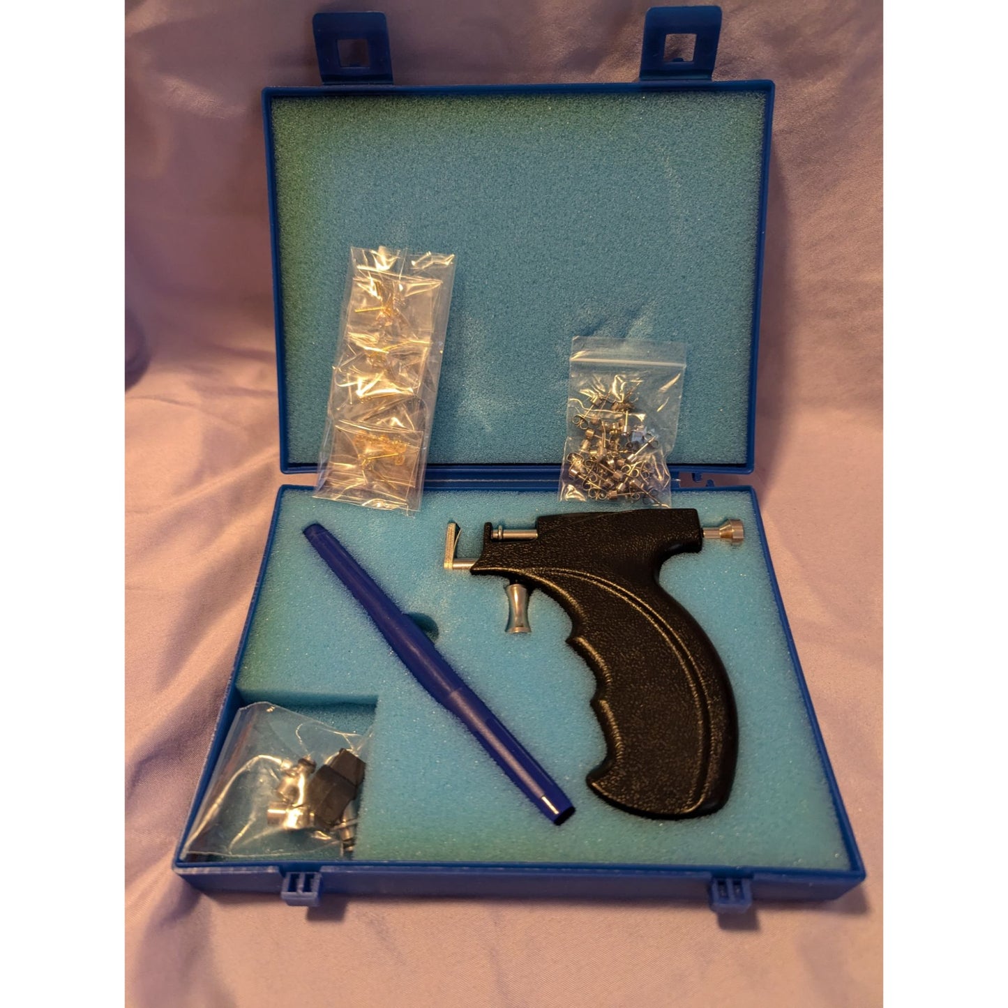Kamjia Ear Piercing Kit With Gun Studs & Marker In Blue Storage Case