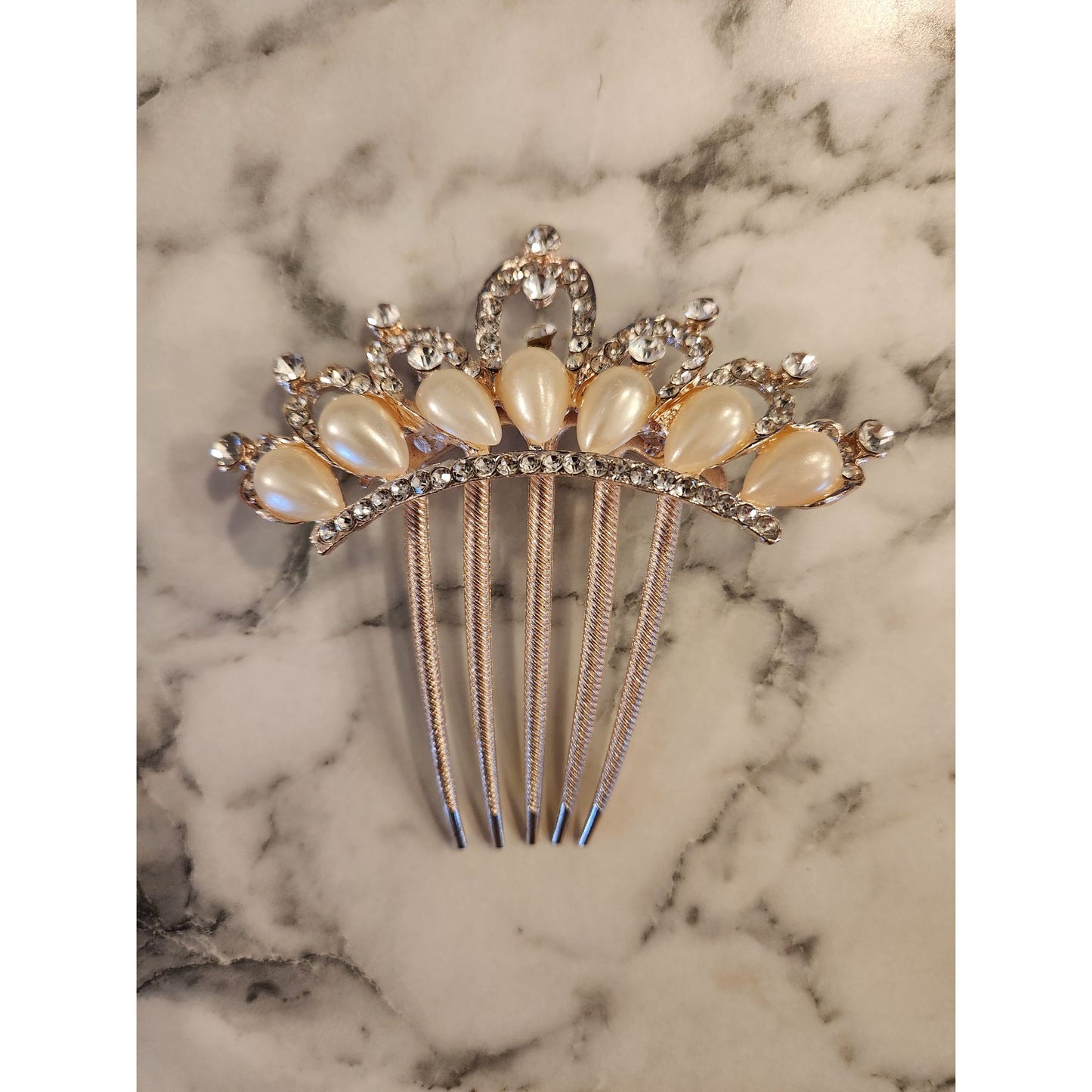 Elegant Faux Pearl & Rhinestone Hair Comb Bridal Formal Wedding Rose Gold Tone