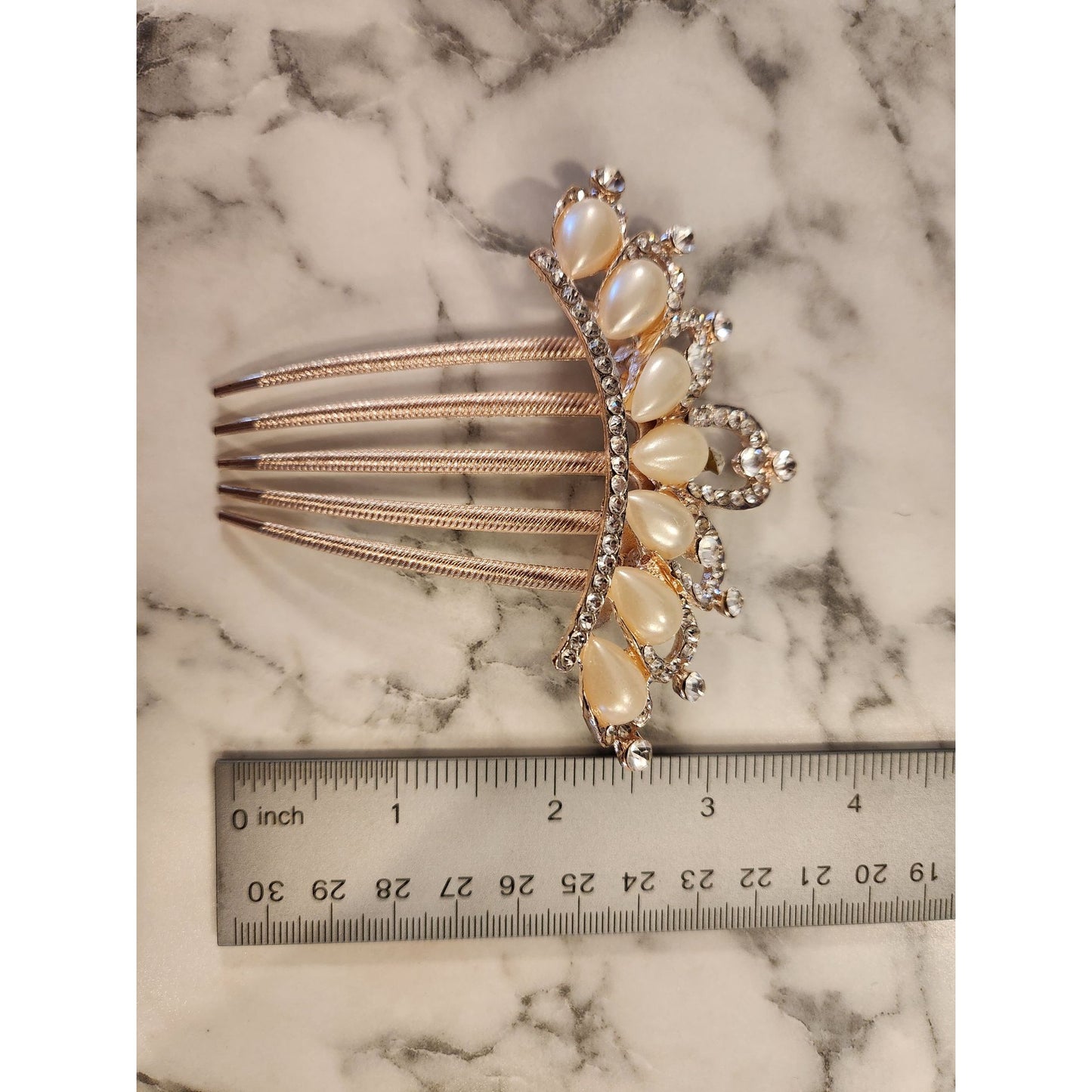 Elegant Faux Pearl & Rhinestone Hair Comb Bridal Formal Wedding Rose Gold Tone