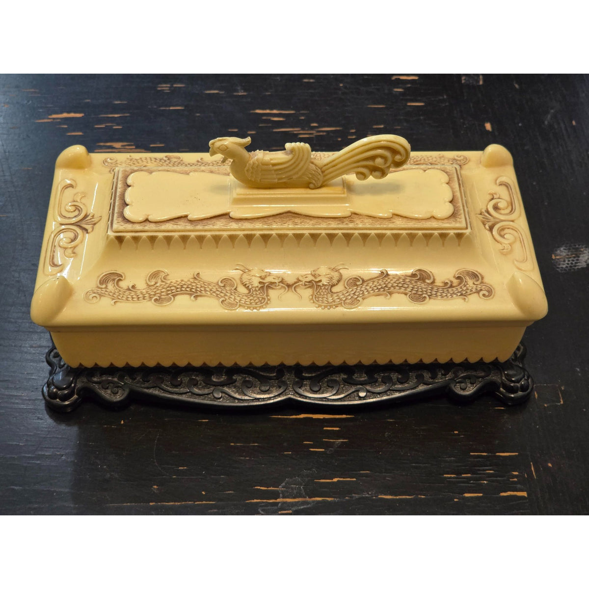 Vintage Alden Plastic Celluloid Chinese Dragon Jewelry Trinket Box Faux Ornate