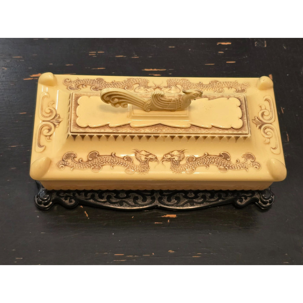 Vintage Alden Plastic Celluloid Chinese Dragon Jewelry Trinket Box Faux Ornate