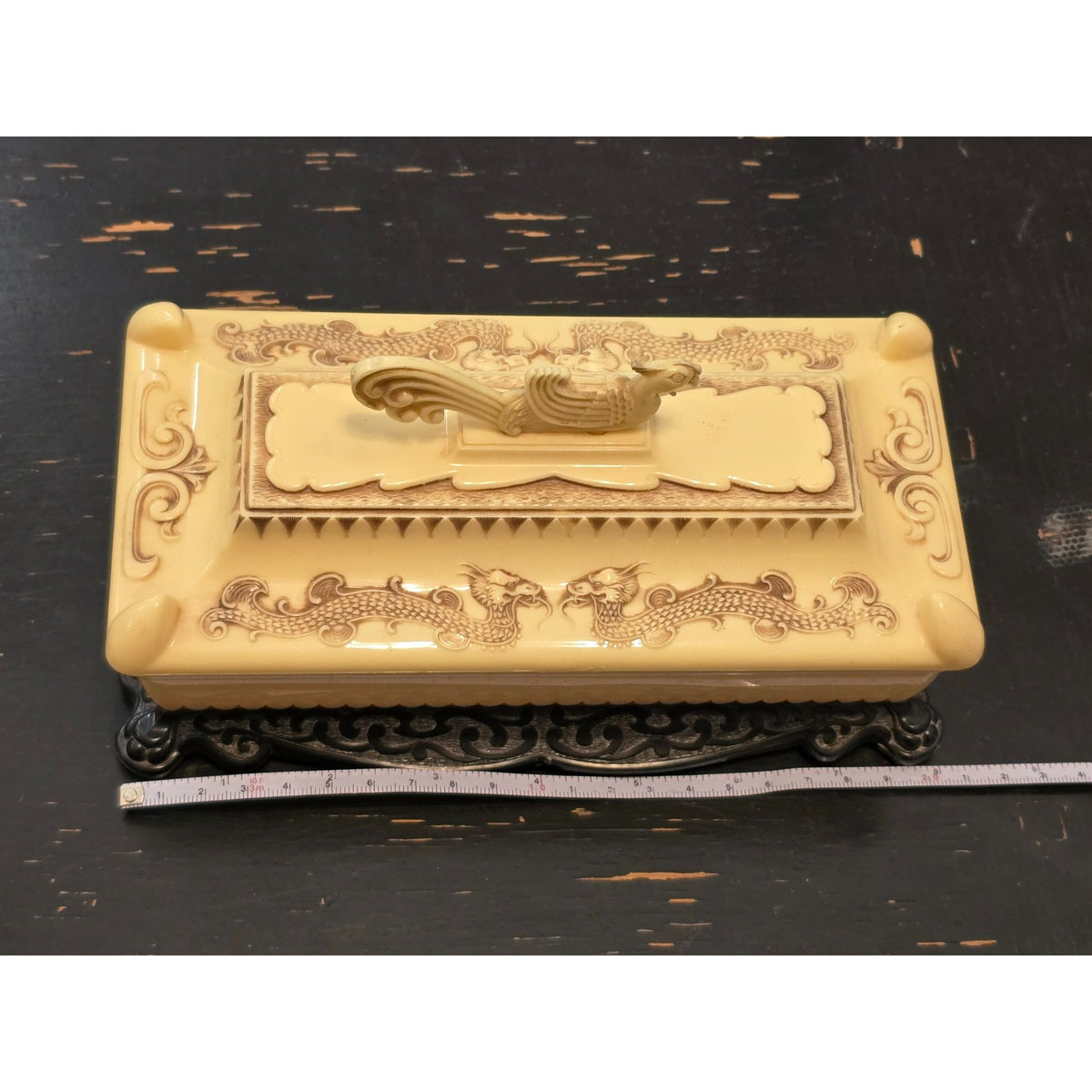 Vintage Alden Plastic Celluloid Chinese Dragon Jewelry Trinket Box Faux Ornate