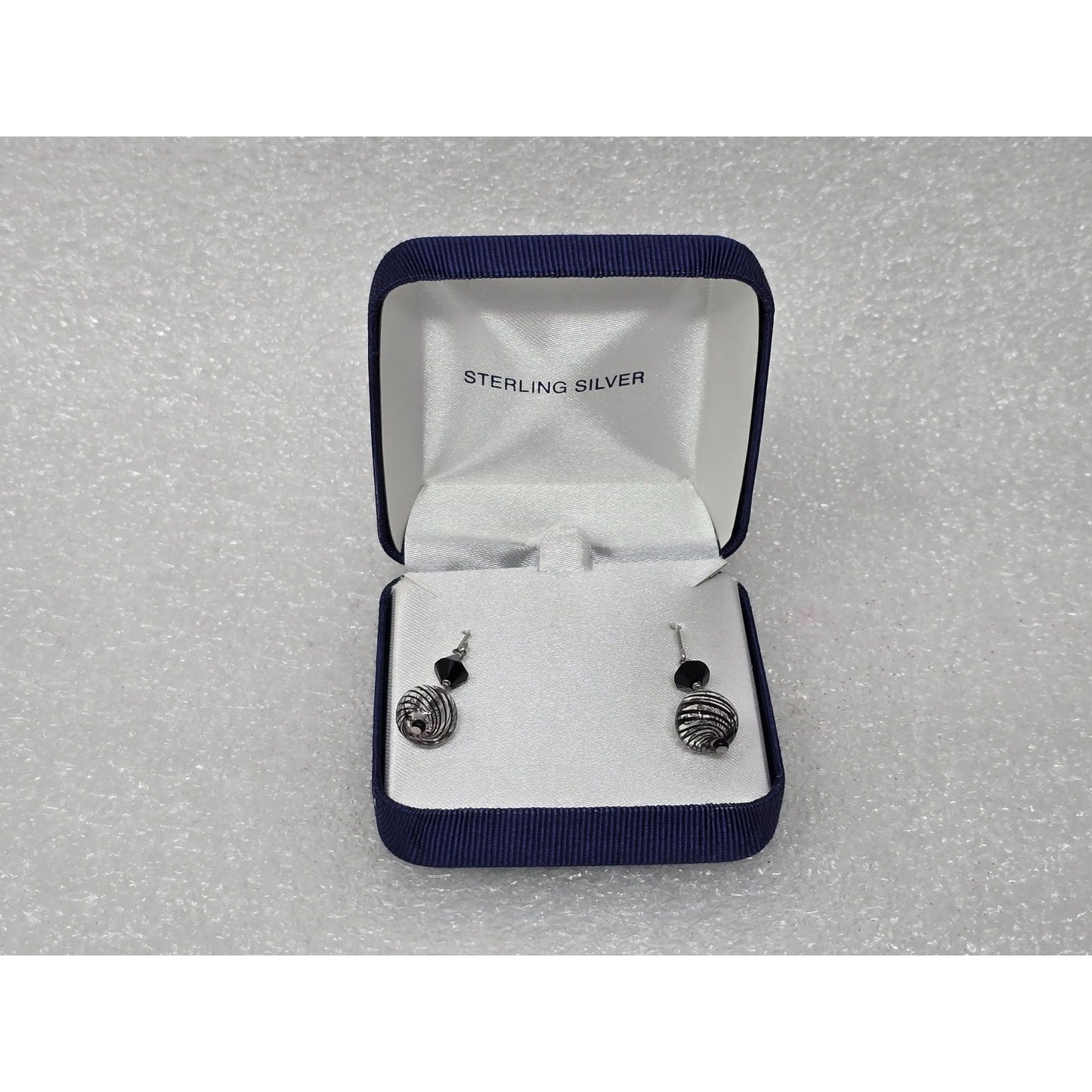 Sterling Silver Black & Silver Handblown Artisan Glass Drop Earrings In Gift Box