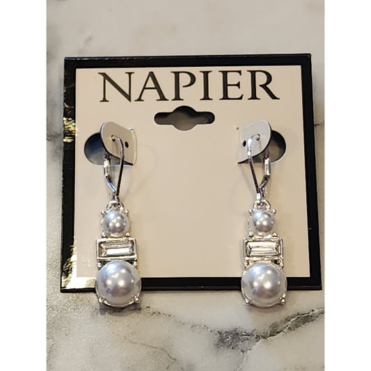 Napier Silver-Tone Earrings With Faux Pearl & Rhinestone Accents Lever Back