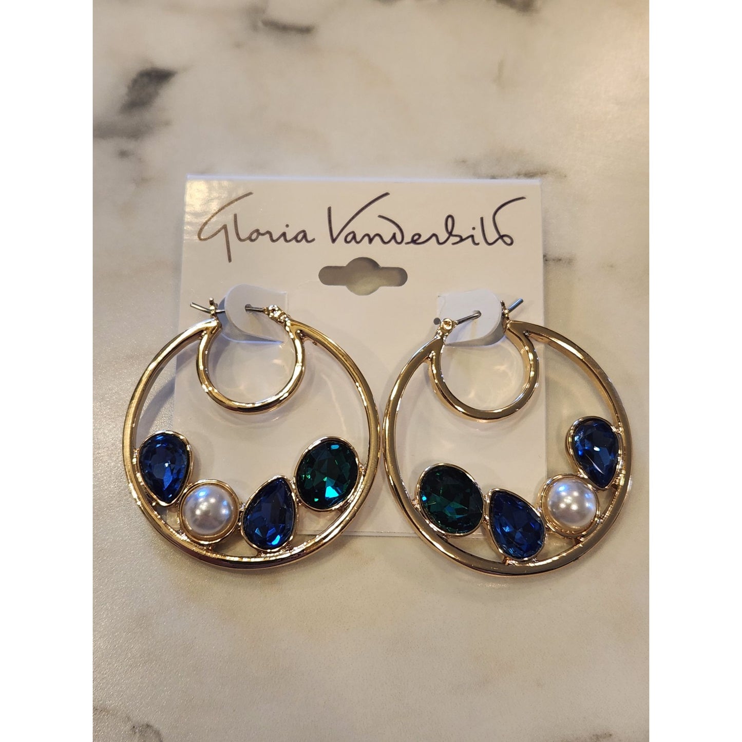 Gloria Vanderbilt Gold-Tone Hoop Earrings Blue & Green Gemstones And Faux Pearl