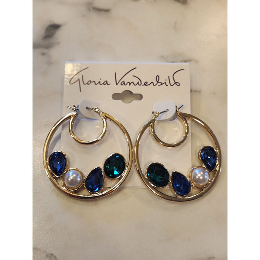 Gloria Vanderbilt Gold-Tone Hoop Earrings Blue & Green Gemstones And Faux Pearl