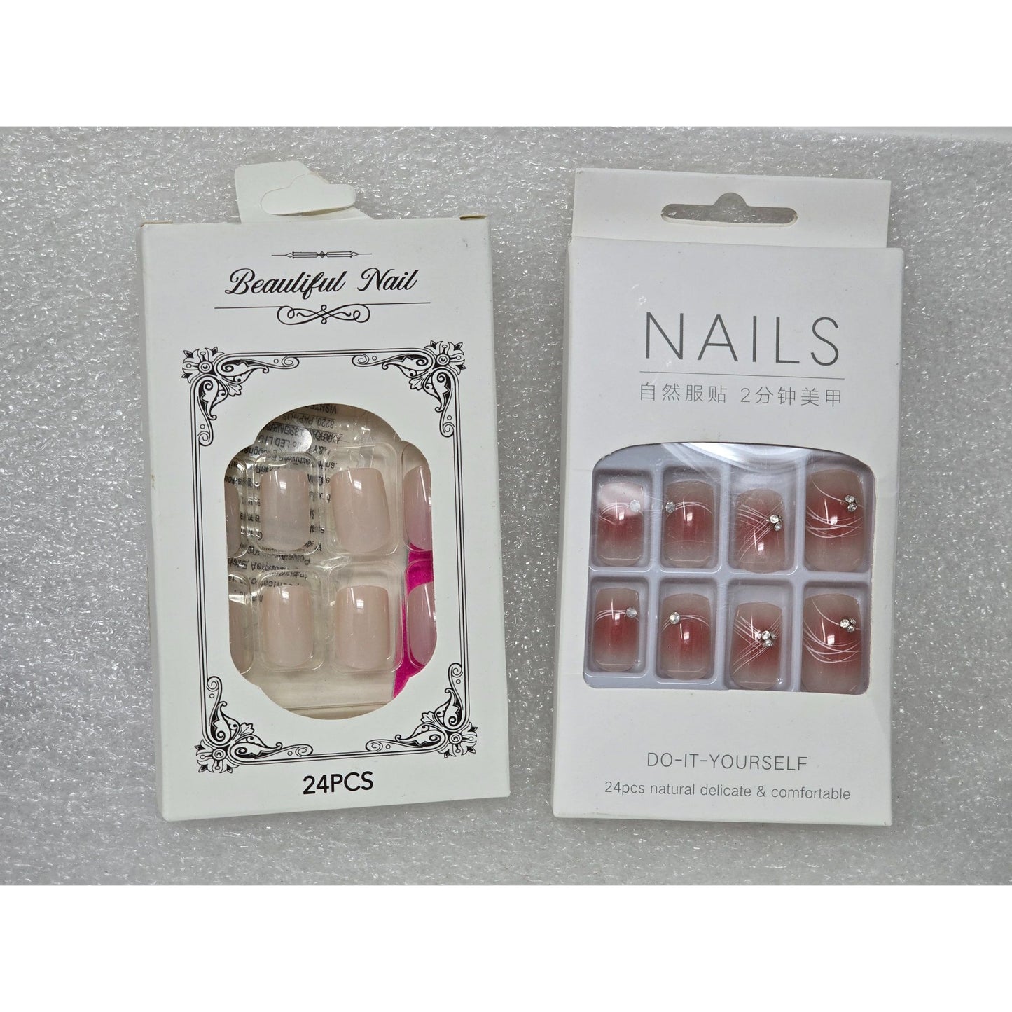 Press On Nails Bundle Nude Pink Gradient Rhinestone Accent Natural False Set