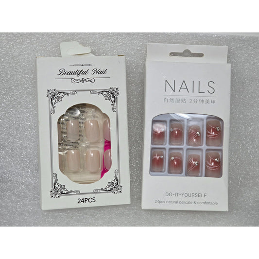 Press On Nails Bundle Nude Pink Gradient Rhinestone Accent Natural False Set