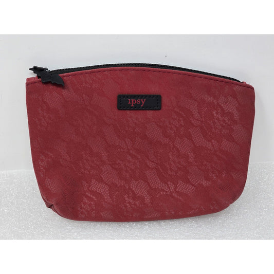 Ipsy Red Lace Cosmetic Bag With Bat Zipper & Black Accents