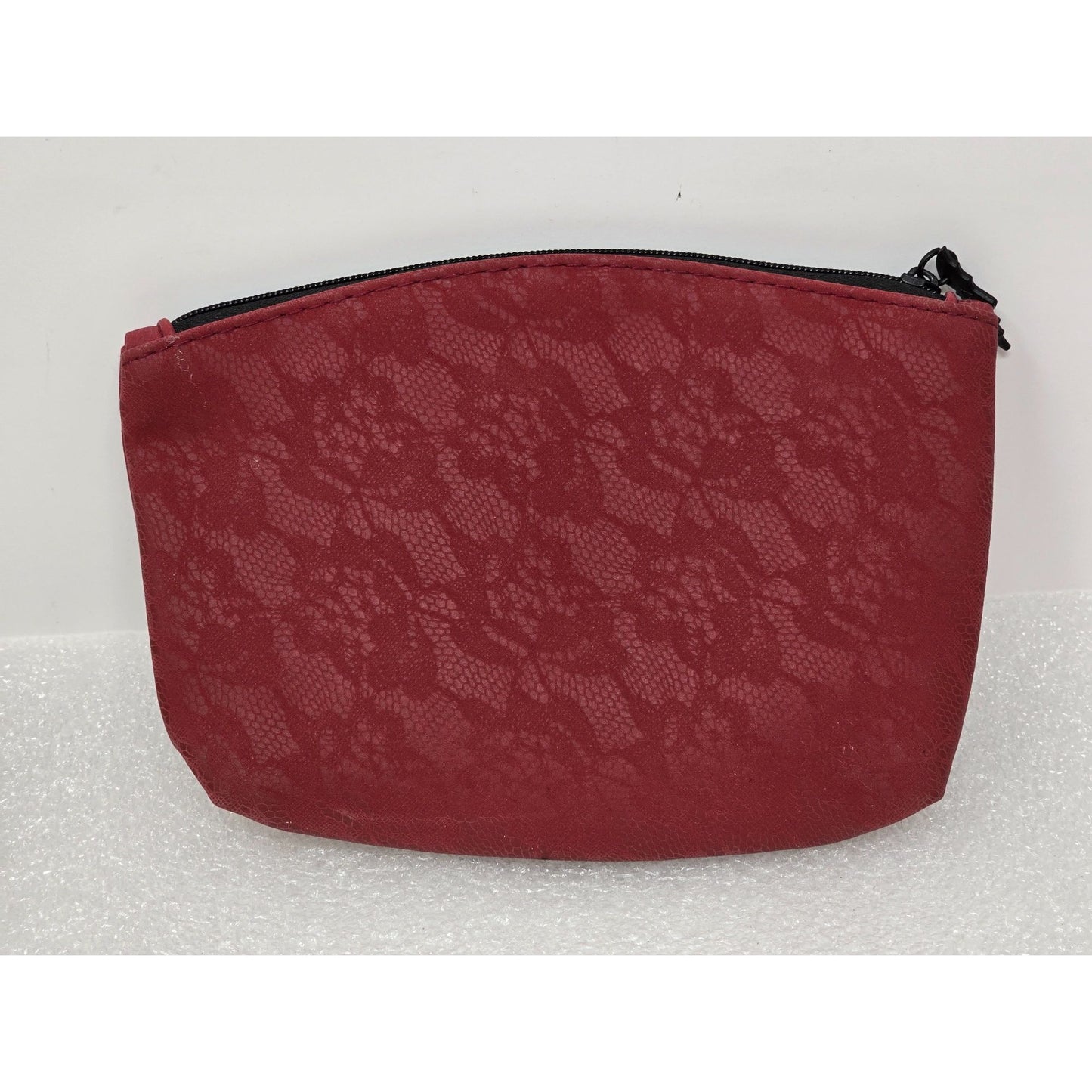 Ipsy Red Lace Cosmetic Bag With Bat Zipper & Black Accents