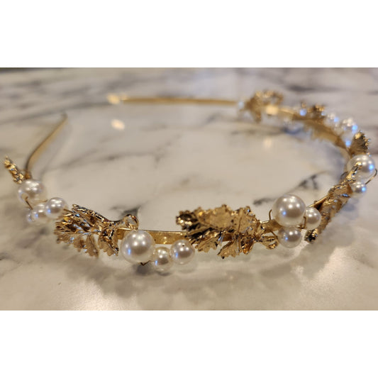 Gold Tone Leaf & Faux Pearl Headband With Elegant Decorative Design