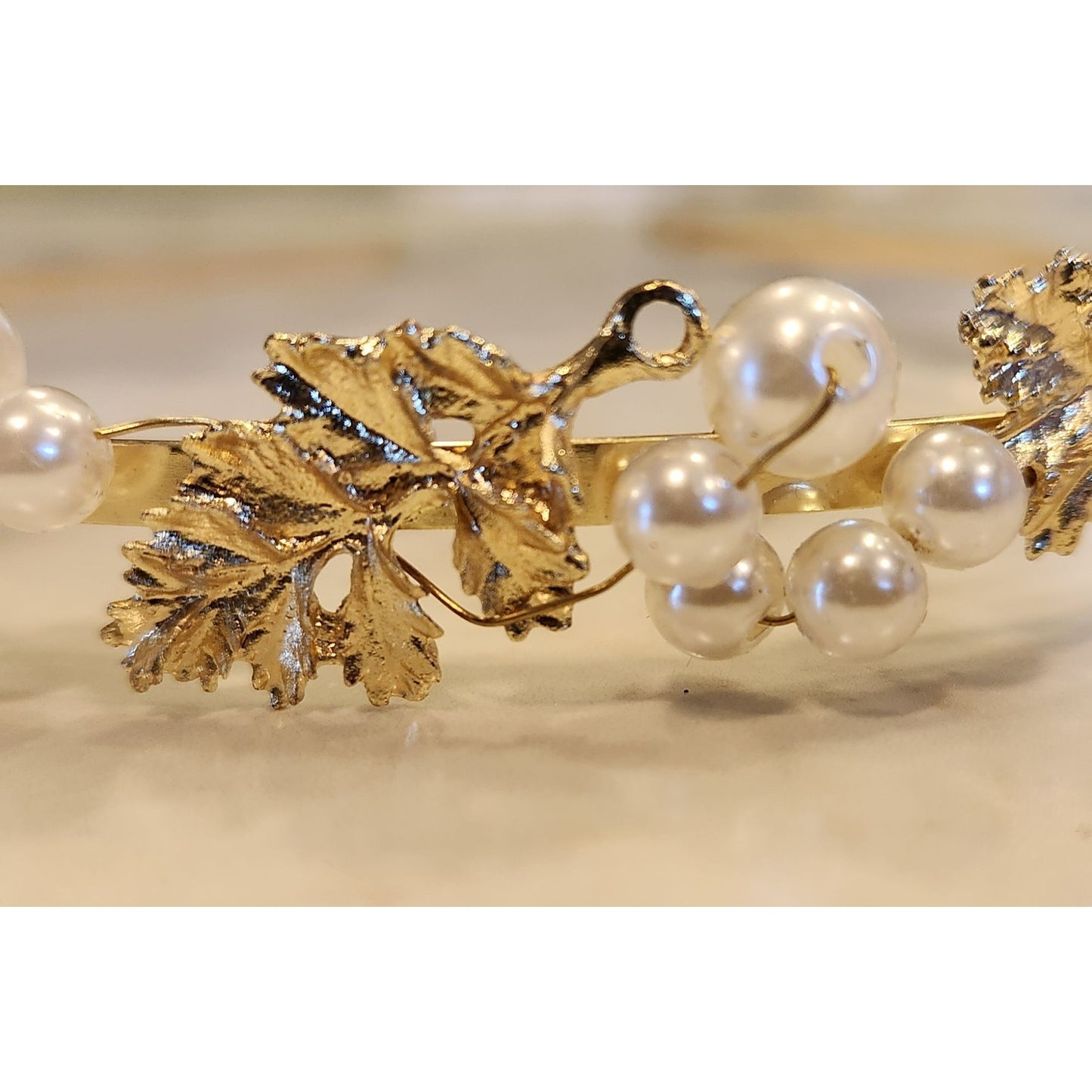 Gold Tone Leaf & Faux Pearl Headband With Elegant Decorative Design