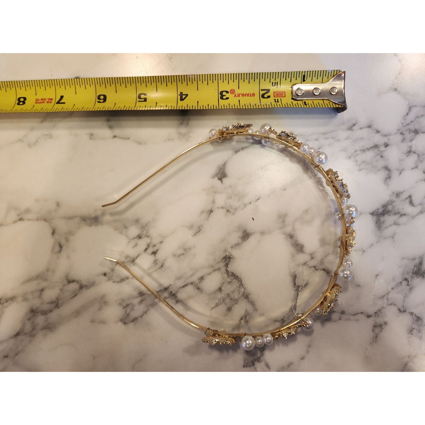 Gold Tone Leaf & Faux Pearl Headband With Elegant Decorative Design