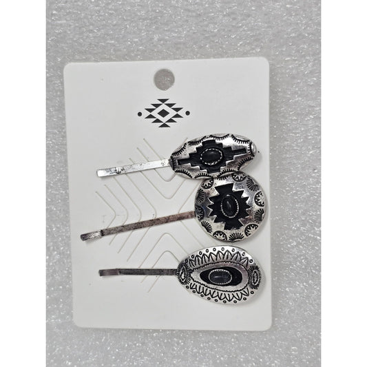 Southwestern Style Silver Tone & Black Hair Pins Set Of 3