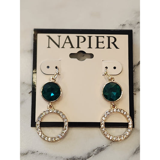 Napier Gold-Tone Drop Earrings With Green Crystal & Rhinestone Circle Design
