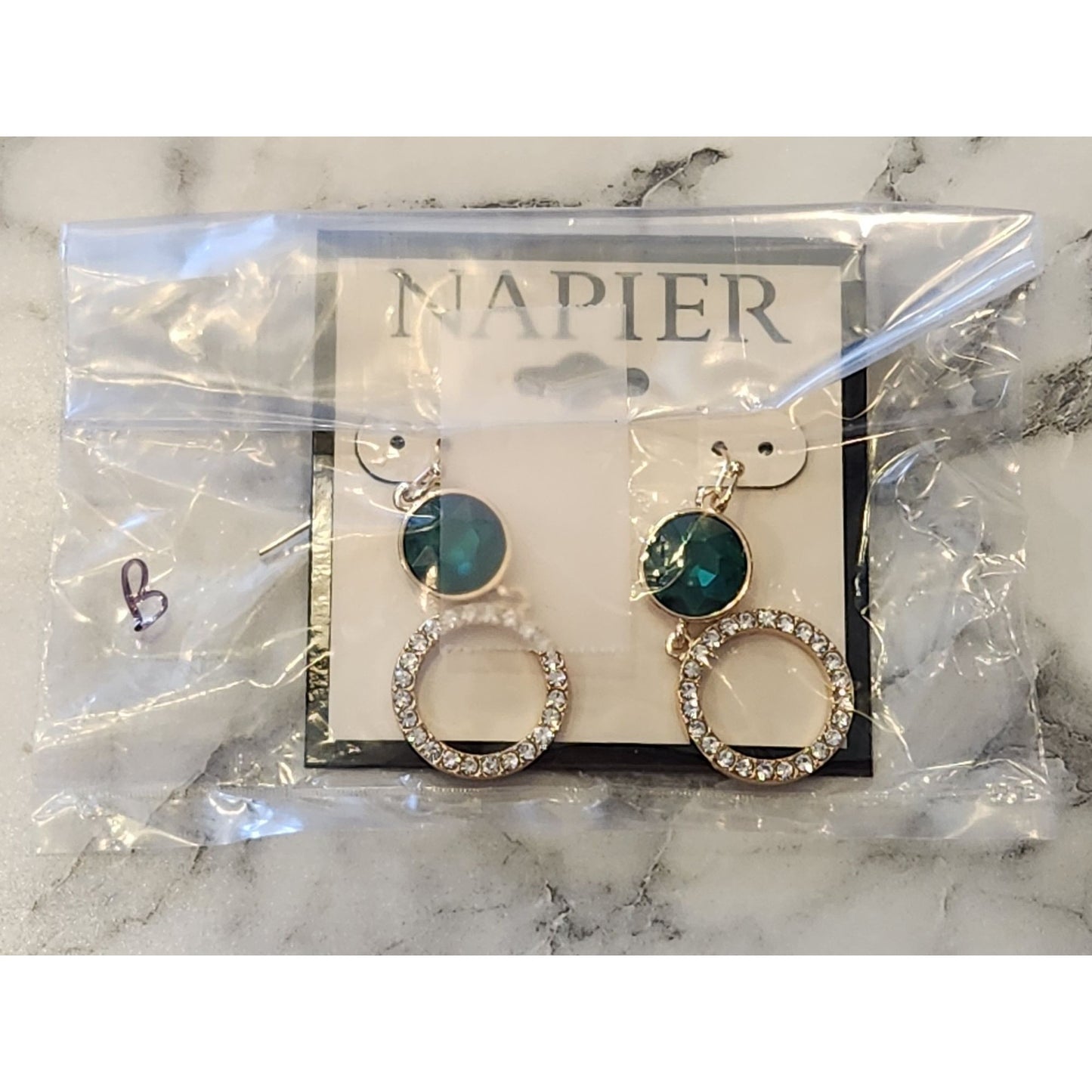 Napier Gold-Tone Drop Earrings With Green Crystal & Rhinestone Circle Design