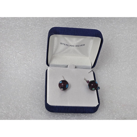 Handblown Artisan Glass Bead Earrings .925 Sterling Silver Purple Polka Dot Drop