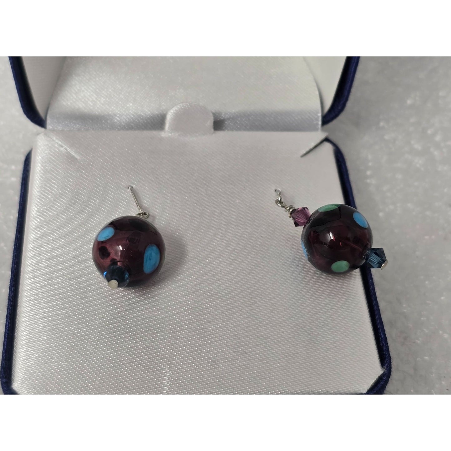 Handblown Artisan Glass Bead Earrings .925 Sterling Silver Purple Polka Dot Drop