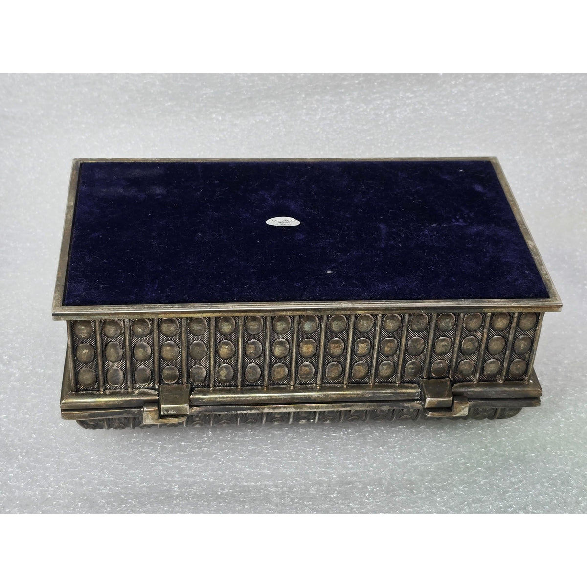 Vintage Silver Plated Jewelry Trinket Box Blue Velvet Lined Ornate