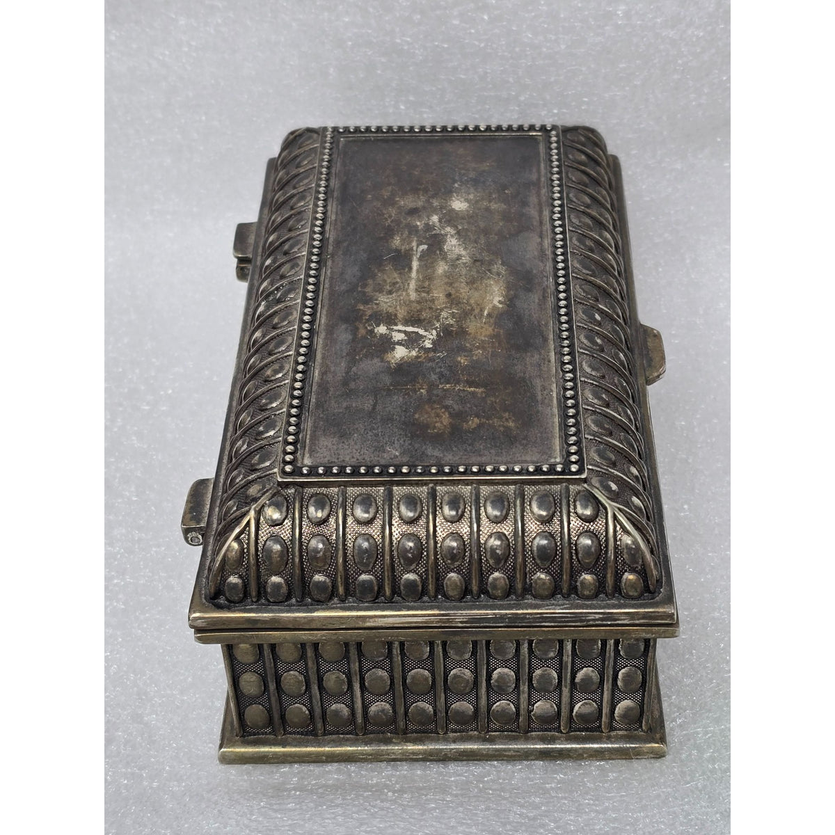 Vintage Silver Plated Jewelry Trinket Box Blue Velvet Lined Ornate