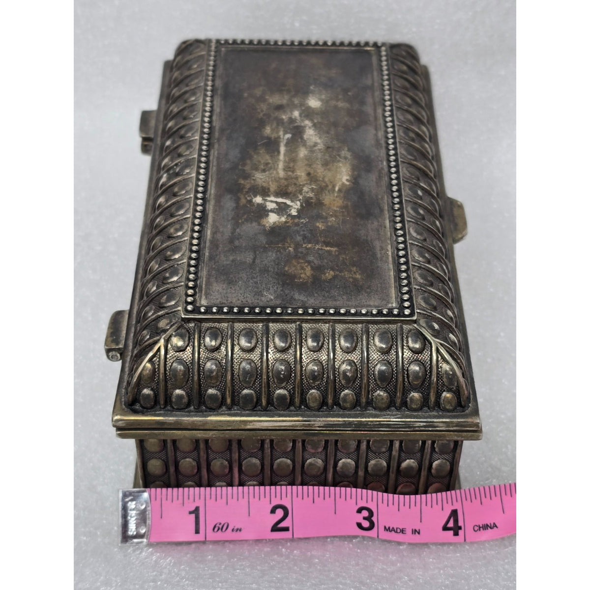 Vintage Silver Plated Jewelry Trinket Box Blue Velvet Lined Ornate