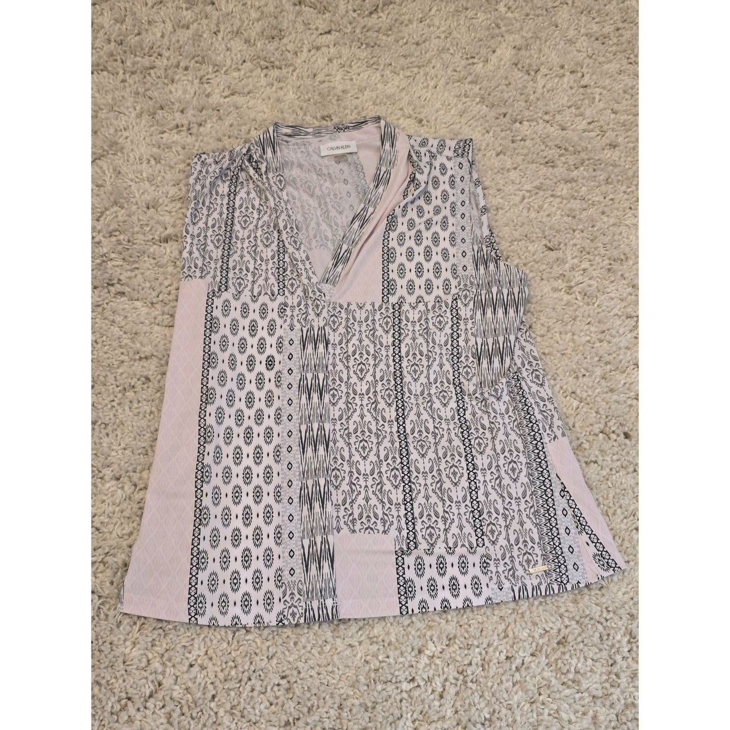 Calvin Klein Women's Large Pink Black Patchwork Print Sleeveless Blouse