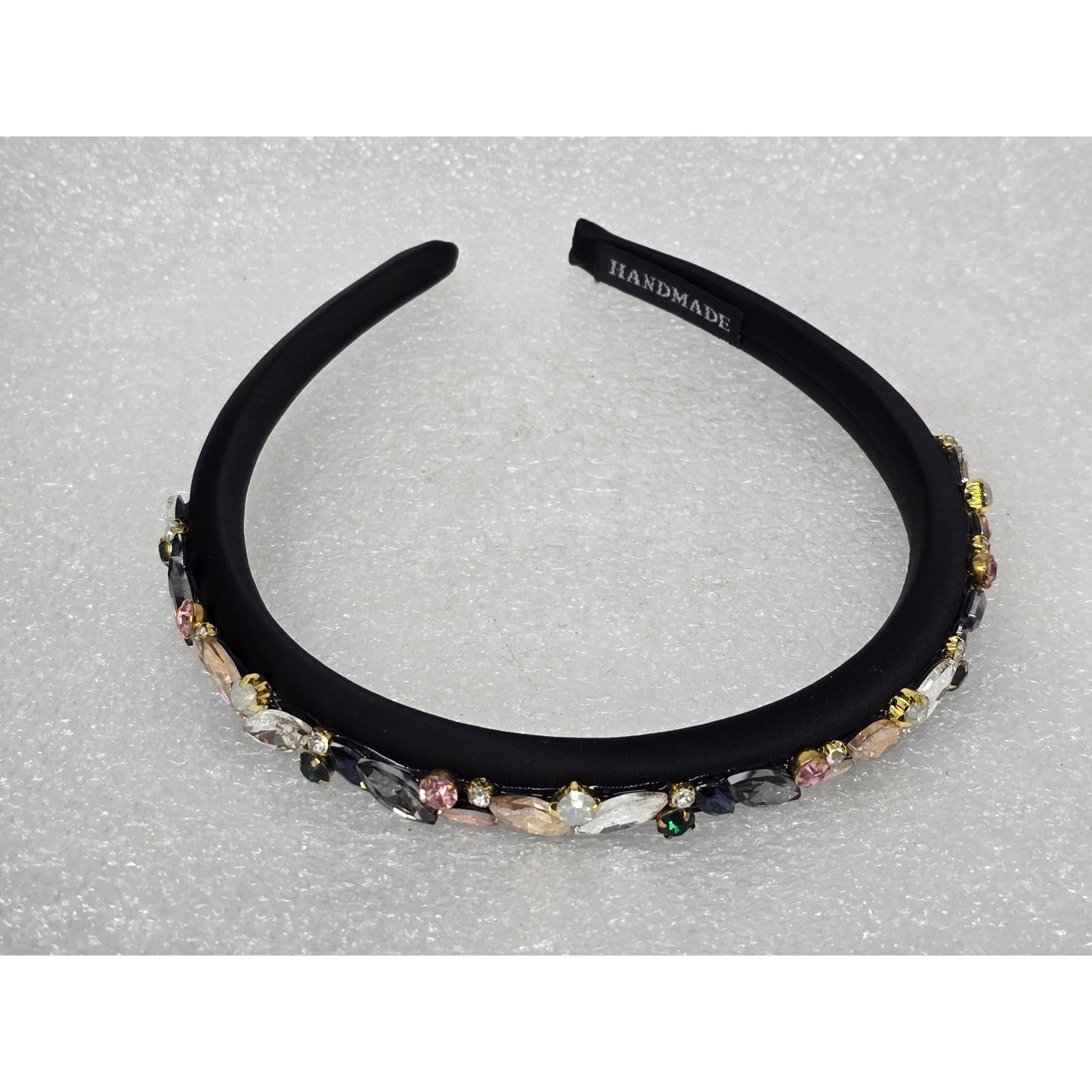 Black Satin Handmade Headband With Multi-Color Gemstone Embellishments