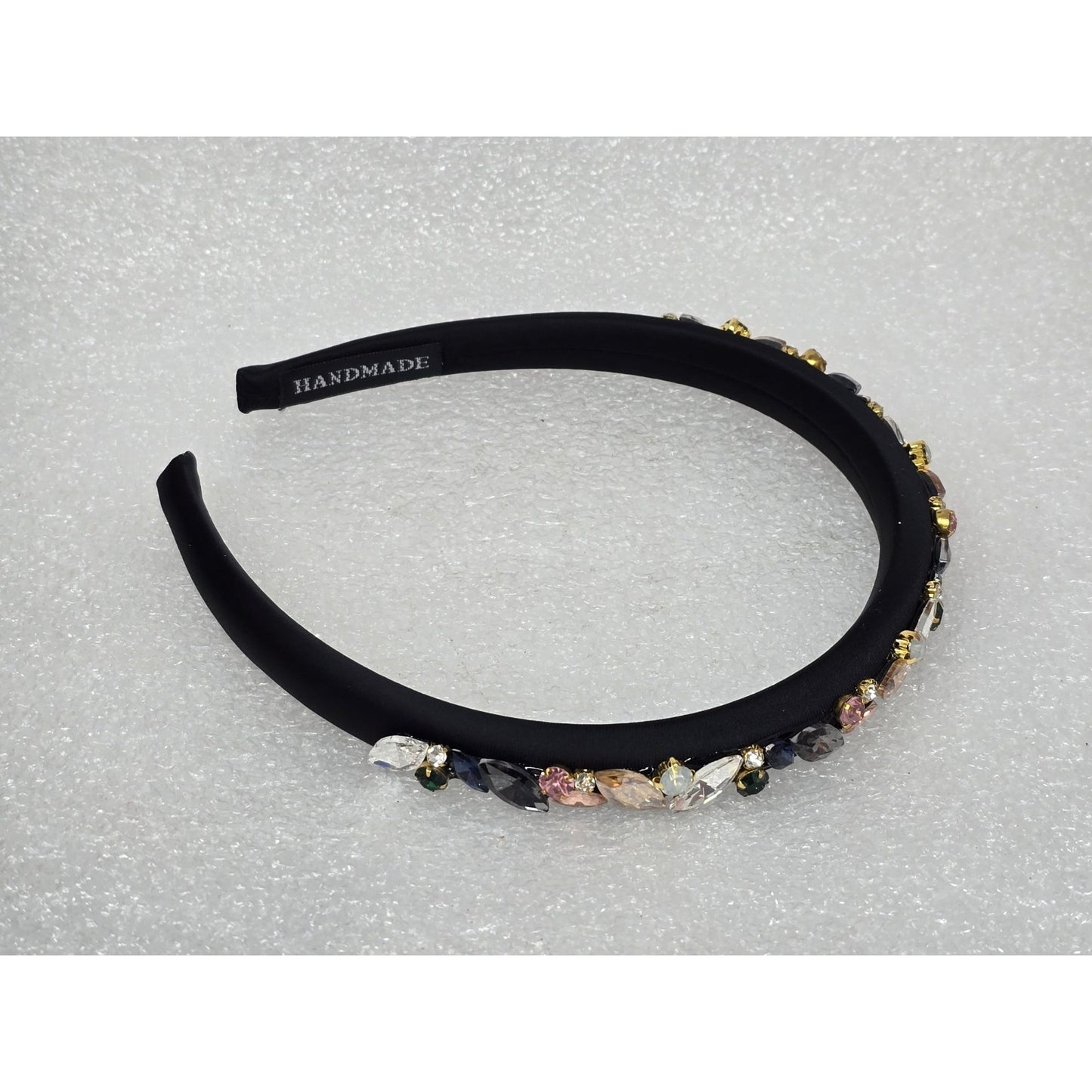 Black Satin Handmade Headband With Multi-Color Gemstone Embellishments