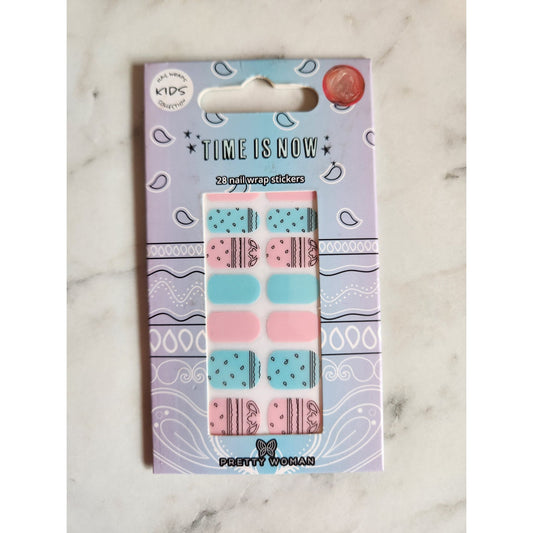 Pretty Woman Kids Nail Wrap Stickers Set Of 28 Pink & Blue With Fun Patterns