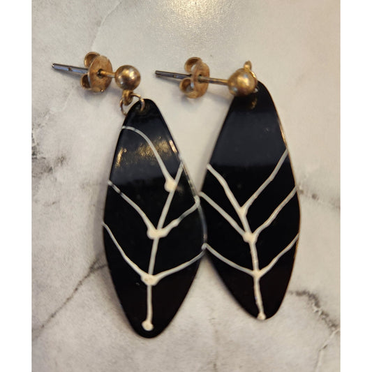 Vintage Gold Tone & Black Leaf Earrings With White Detailing For Women