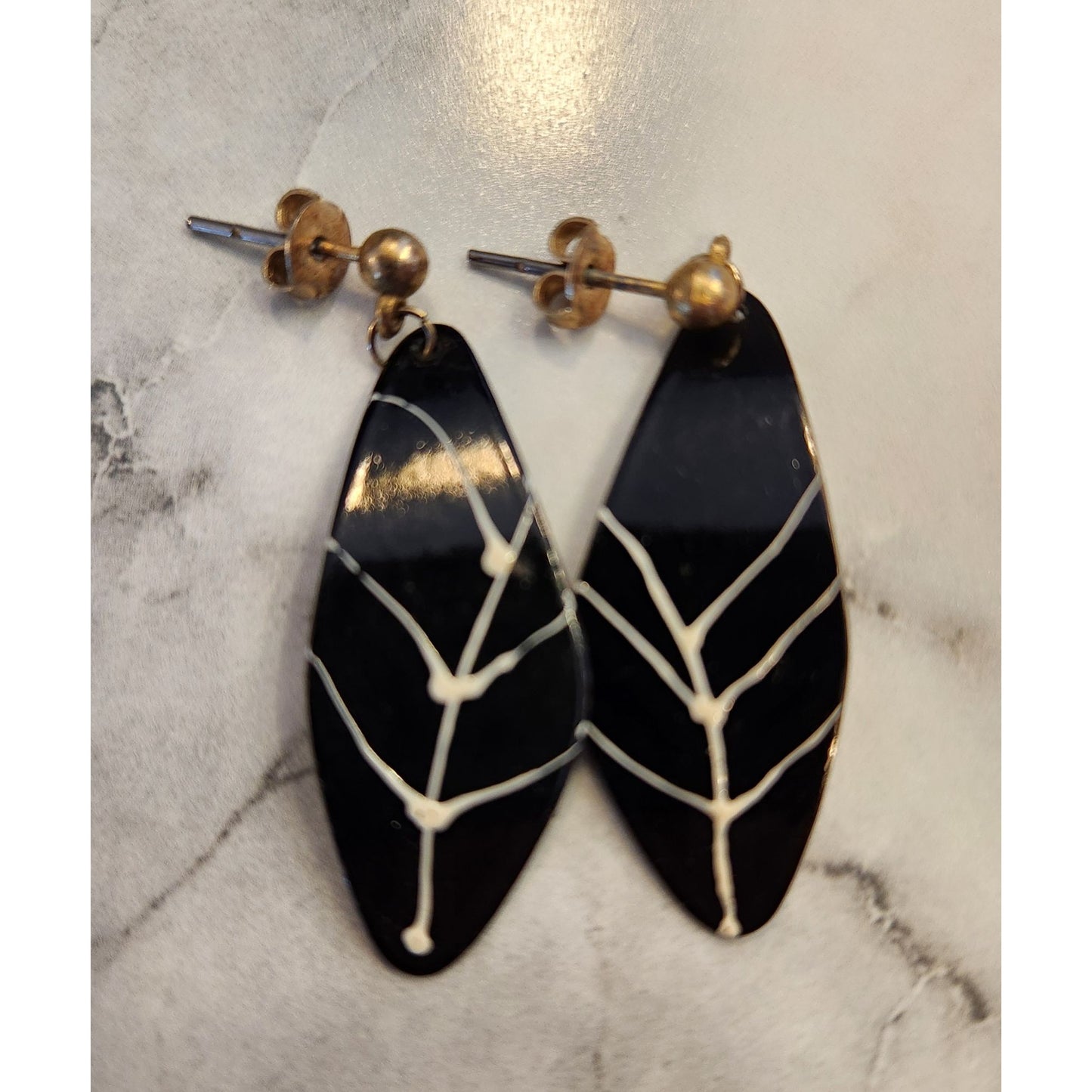 Vintage Gold Tone & Black Leaf Earrings With White Detailing For Women