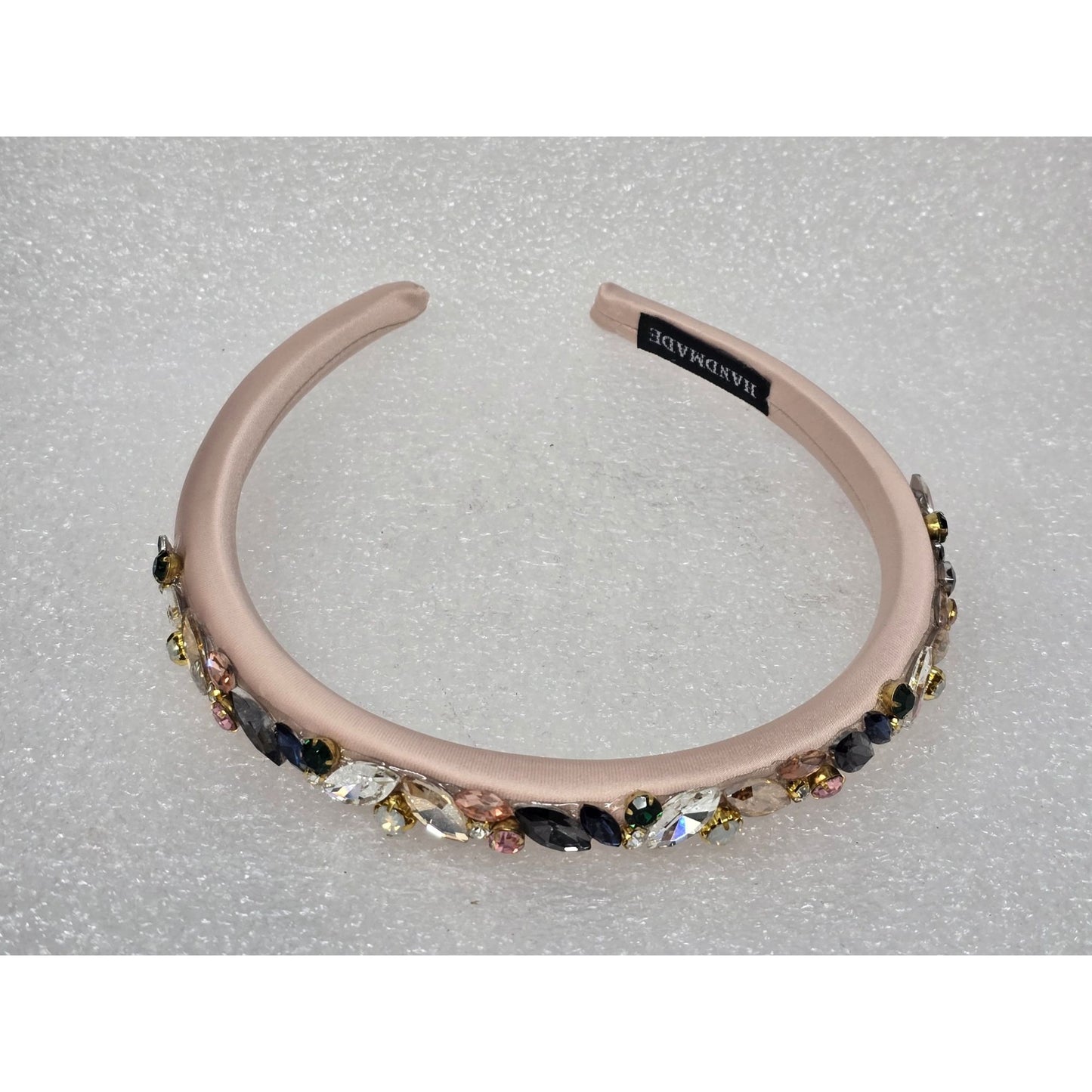 Handmade Satin Padded Headband With Multicolor Gemstone Embellishments Elegant